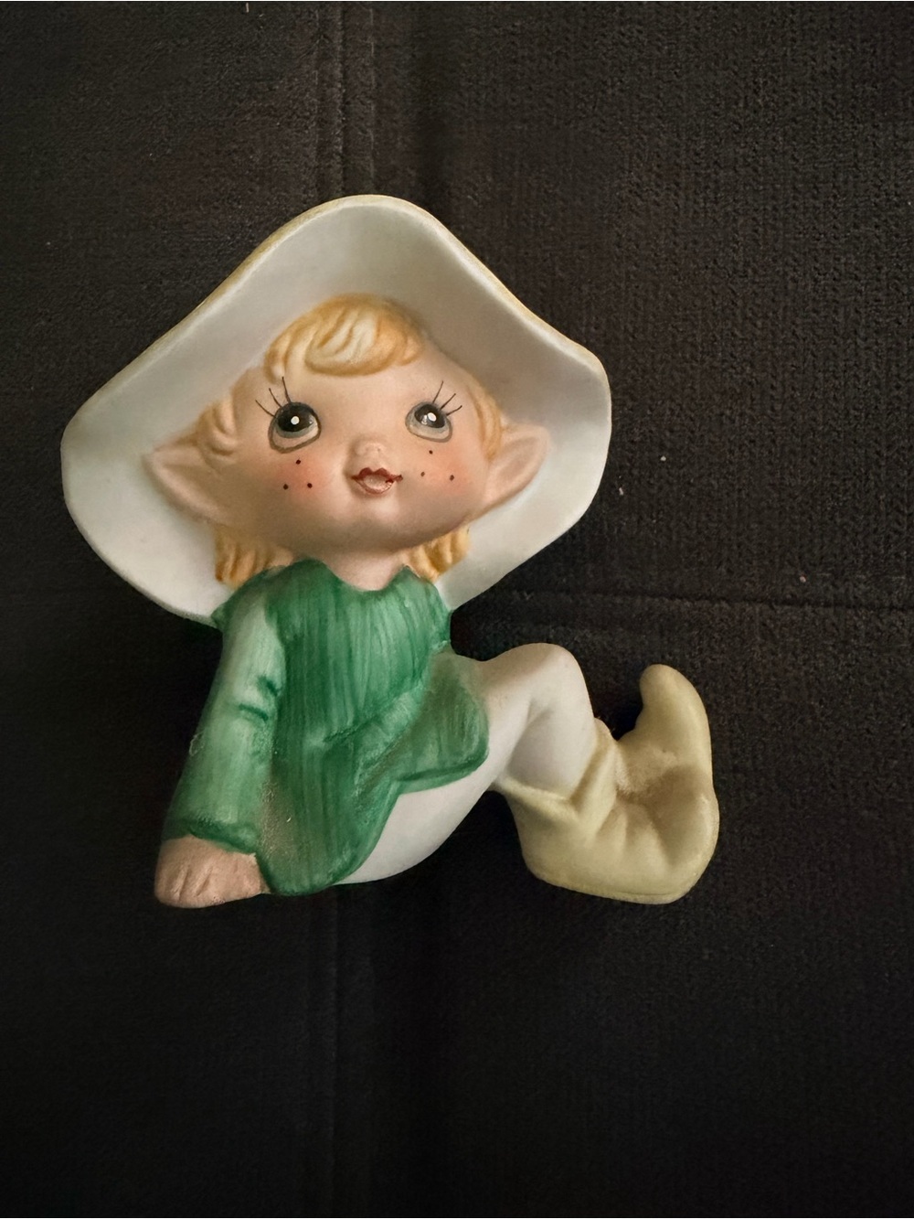 Vintage Ceramic Elf Figurine in Green and Cream